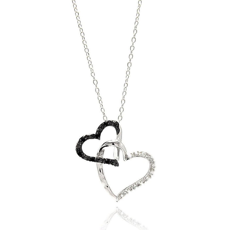 Silver 925 Rhodium Plated Double Open Heart Black and Clear CZ Necklace - BGP00681 | Silver Palace Inc.