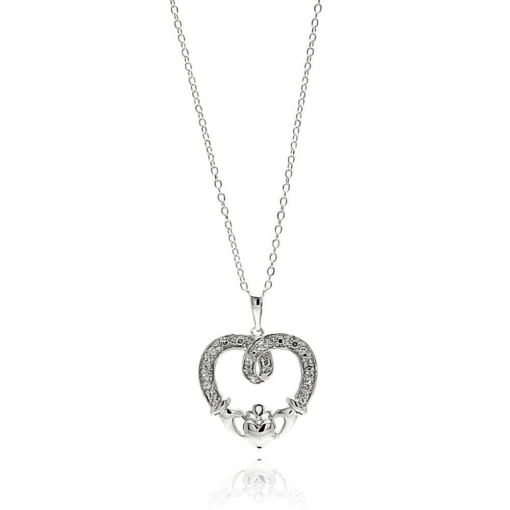 Silver 925 Rhodium Plated Open Heart CZ Outline Necklace - BGP00684 | Silver Palace Inc.