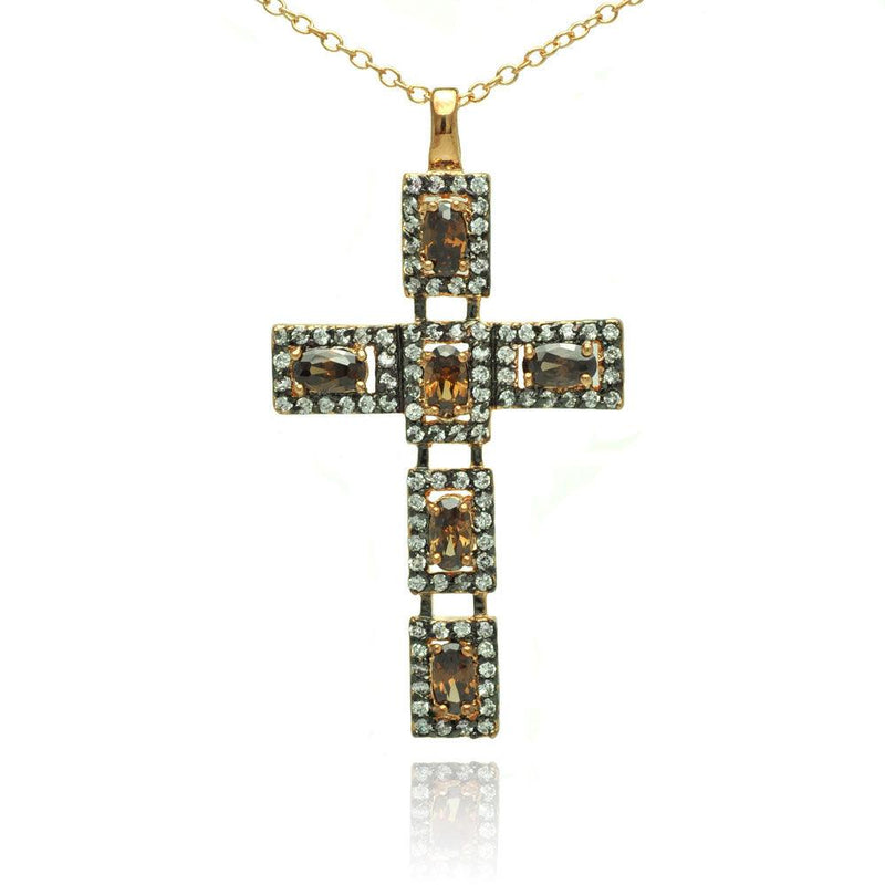 Closeout-Silver 925 Rhodium Plated Cross Clear and Champagne CZ Necklace - BGP00714 | Silver Palace Inc.