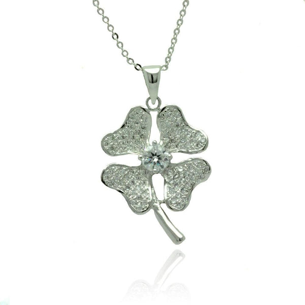 Silver 925 Rhodium Plated Heart Clover Micro Pave CZ Necklace - BGP00788 | Silver Palace Inc.