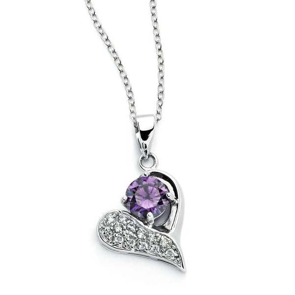 Silver 925 Rhodium Plated Open Heart Pink CZ Inlay Necklace - BGP00790 | Silver Palace Inc.