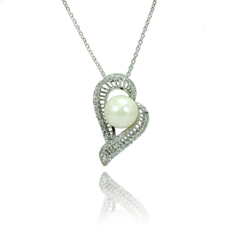 Silver 925 Rhodium Plated Micro Pave CZ Pearl Necklace - BGP00795 | Silver Palace Inc.