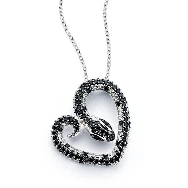 Silver 925 Rhodium Plated Snake Heart Black and Clear CZ Necklace - BGP00804 | Silver Palace Inc.