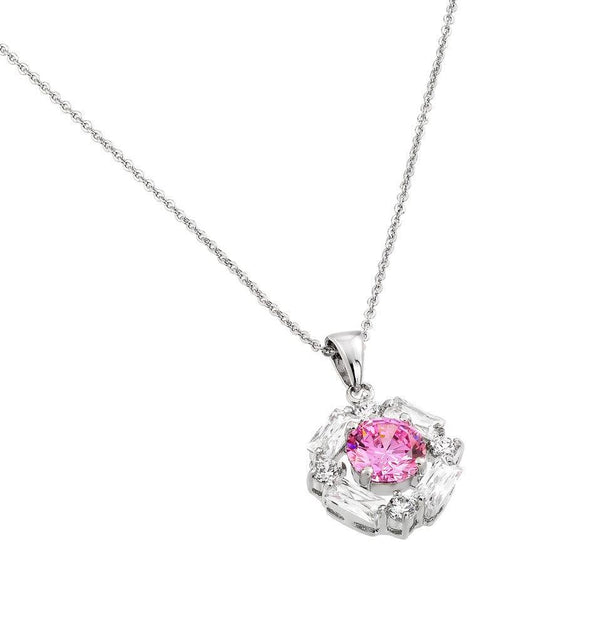 Silver 925 Rhodium Plated Circle Center Pink CZ Necklace - BGP00809PK | Silver Palace Inc.