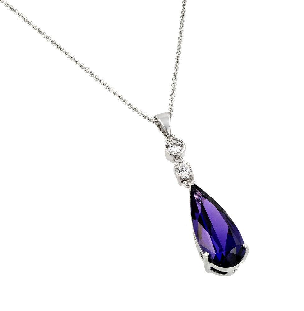 Silver 925 Rhodium Plated Teardrop Purple CZ Dangling Necklace - BGP00810P | Silver Palace Inc.