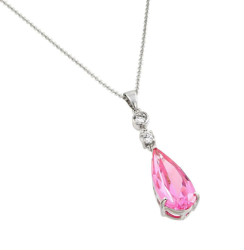 Silver 925 Rhodium Plated Teardrop Pink CZ Dangling Necklace - BGP00810PK | Silver Palace Inc.