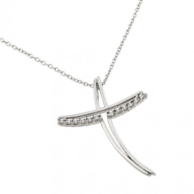 Silver 925 Rhodium Plated Clear CZ at Curved Open Cross Pendant Necklace - BGP00835 | Silver Palace Inc.