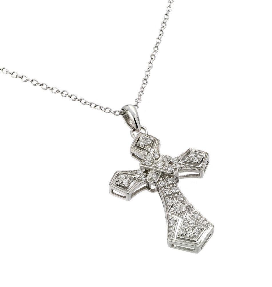 Silver 925 Rhodium Plated Clear CZ Gothic Cross Pendant Necklace