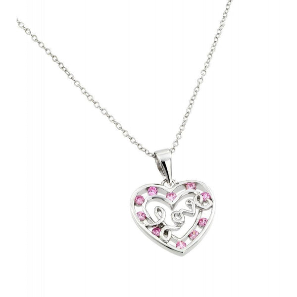 Silver 925 Rhodium Plated Pink CZ Open Heart Love Pendant Necklace - BGP00840 | Silver Palace Inc.