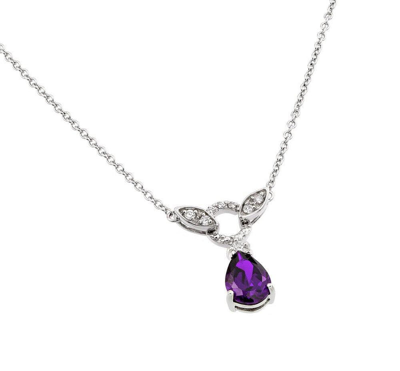Silver 925 Rhodium Plated Purple and Clear CZ Stone Tear Drop Shape Pendant Necklace - BGP00846P | Silver Palace Inc.