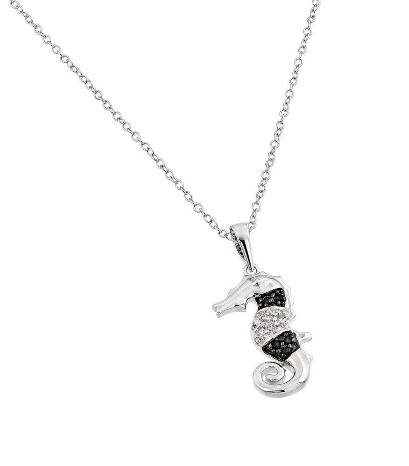 Silver 925 Rhodium Plated Clear CZ Stone and Onyx Sea Horse Pendant Necklace - BGP00853 | Silver Palace Inc.