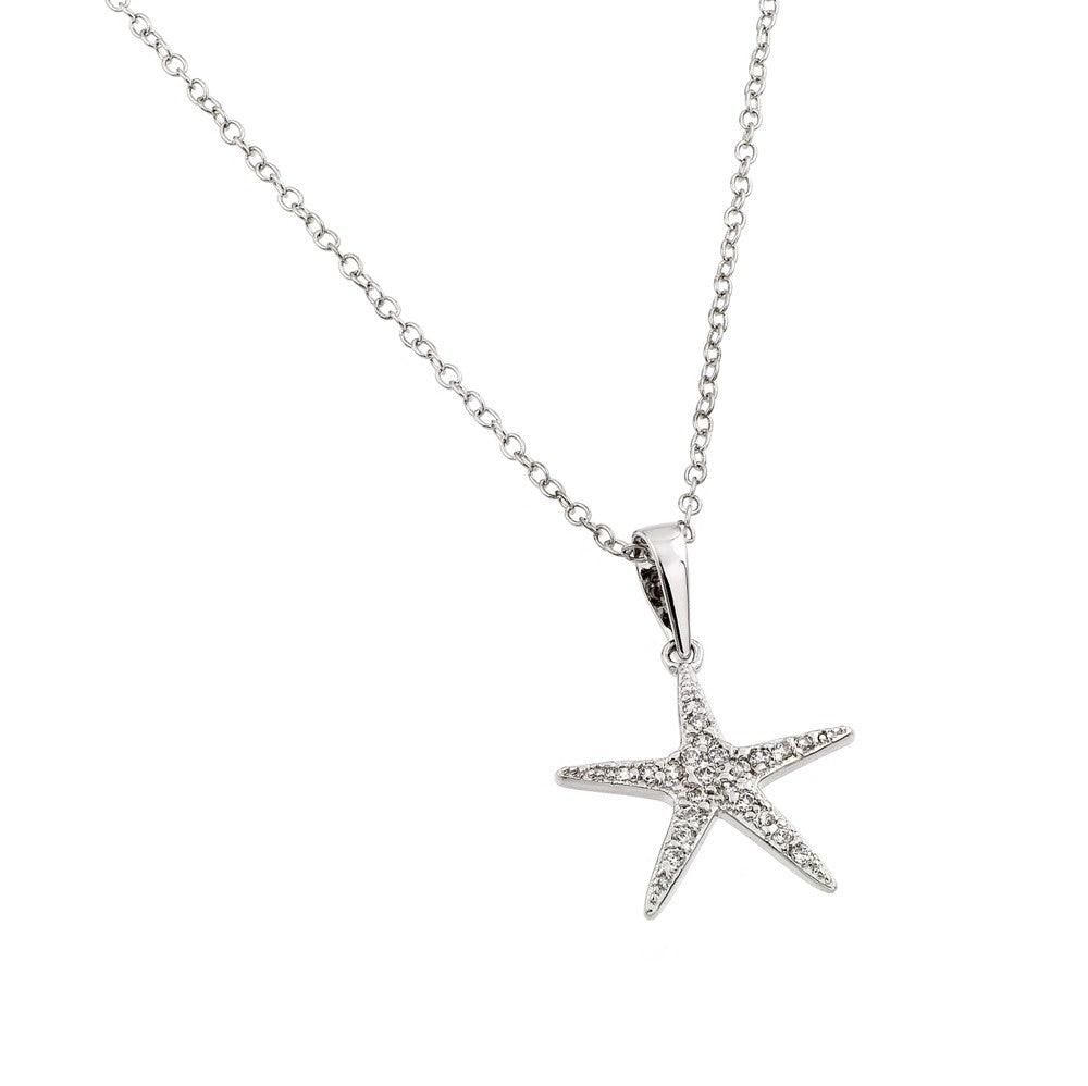Silver 925 Rhodium Plated Clear CZ Stone Star Fish Pendant Necklace - BGP00854 | Silver Palace Inc.