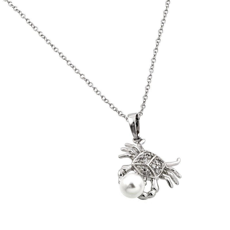 Silver 925 Rhodium Plated Clear CZ Stone Crab Holding Synthetic Pearl Pendant Necklace - BGP00857 | Silver Palace Inc.