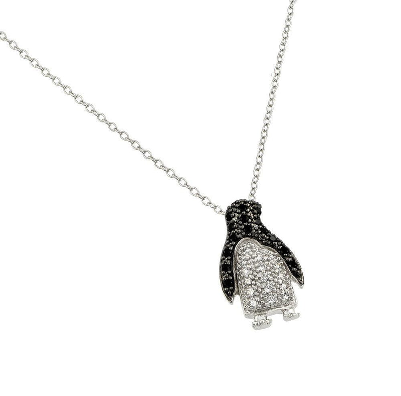Silver 925 Rhodium Plated Clear and Black CZ Stone Penguin Pendant Necklace - BGP00863 | Silver Palace Inc.
