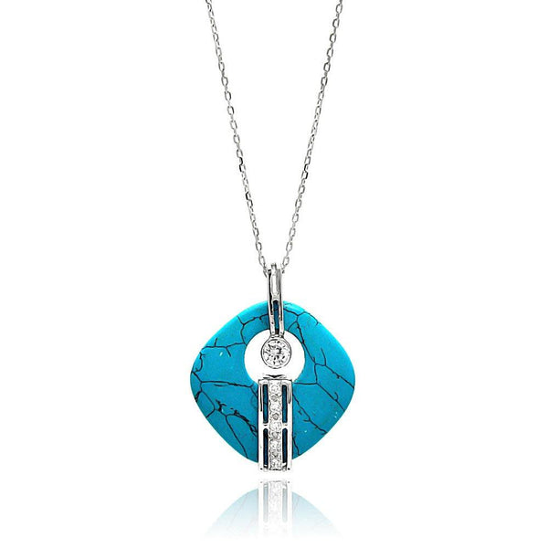 Silver 925 Rhodium Plated Turquoise Open Square Stone Center Circle CZ Necklace - BGP00644 | Silver Palace Inc.