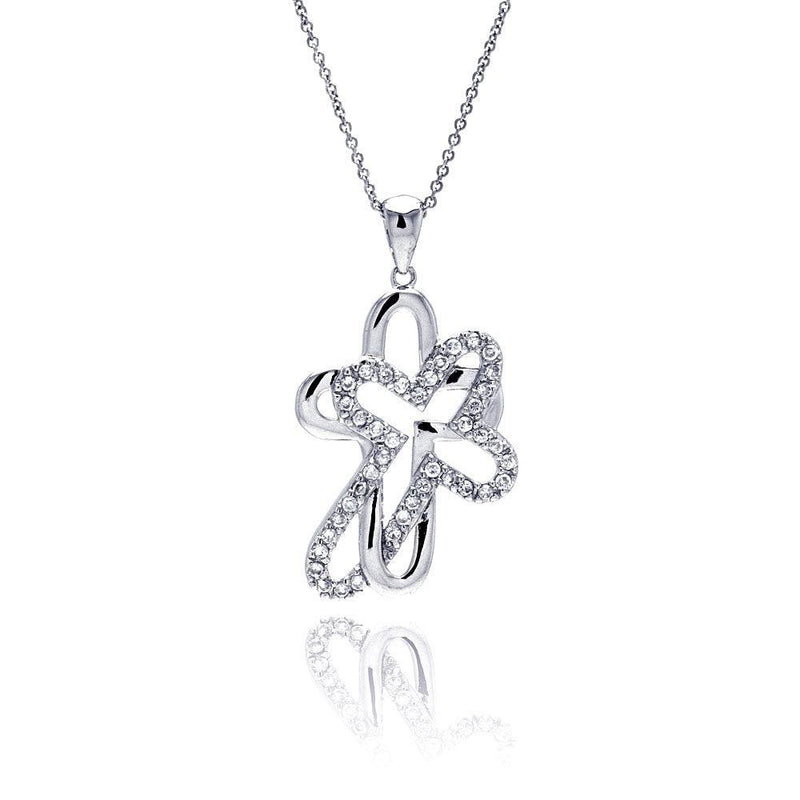 Closeout-Silver 925 Clear CZ Rhodium Plated Double Cross Pendant Necklace - STP00008 | Silver Palace Inc.