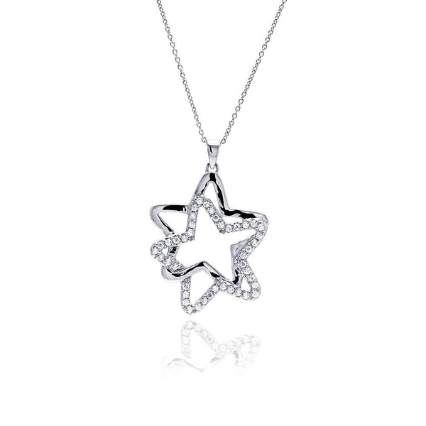 Closeout-Silver 925 Clear CZ Rhodium Plated Double Star Pendant Necklace - STP00016 | Silver Palace Inc.