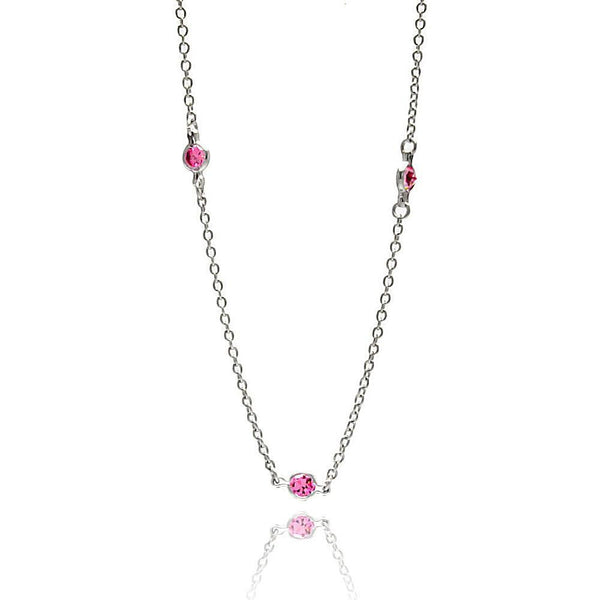 Silver 925 Rhodium Plated Three Oval Pink CZ Necklace - STP00039PNK | Silver Palace Inc.