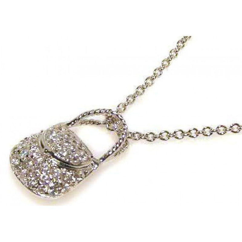 Closeout-Silver 925 Clear CZ Rhodium Plated Hand Bag Pendant Necklace - STP00062 | Silver Palace Inc.