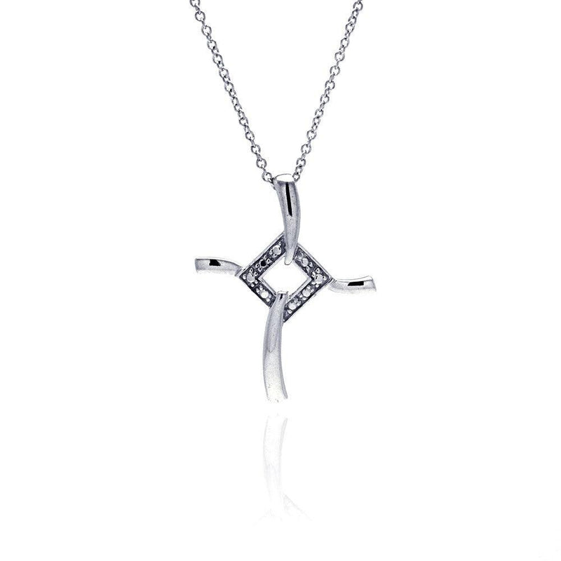 Closeout-Silver 925 Clear CZ Rhodium Plated Fancy Cross Pendant Necklace - STP00075RH | Silver Palace Inc.