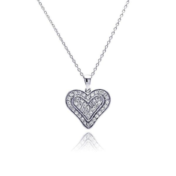Closeout-Silver 925 Clear CZ Rhodium Plated Single Heart Pendant Necklace - STP00110 | Silver Palace Inc.