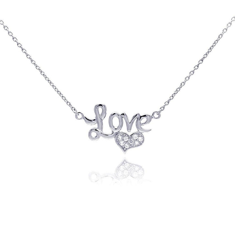 Silver 925 Clear CZ Rhodium Plated Love Heart Pendant Necklace - STP00113 | Silver Palace Inc.