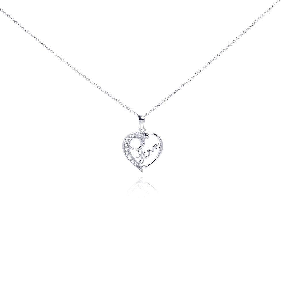 Silver 925 Clear CZ Rhodium Plated Heart Love Accent Pendant Necklace - STP00115 | Silver Palace Inc.