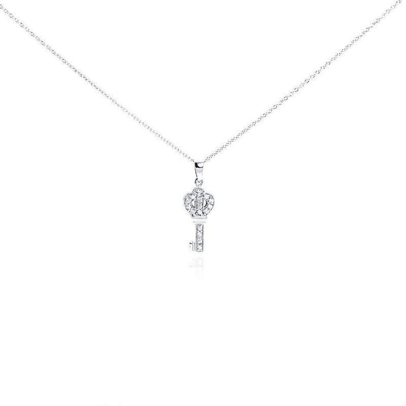 Silver 925 Clear CZ Rhodium Plated Small Key Pendant Necklace - STP00122 | Silver Palace Inc.