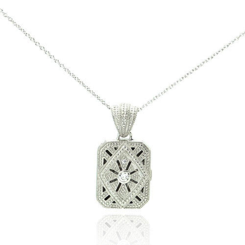 Silver 925 Clear CZ Rhodium Plated Double Square Locket Pendant Necklace - STP00123 | Silver Palace Inc.