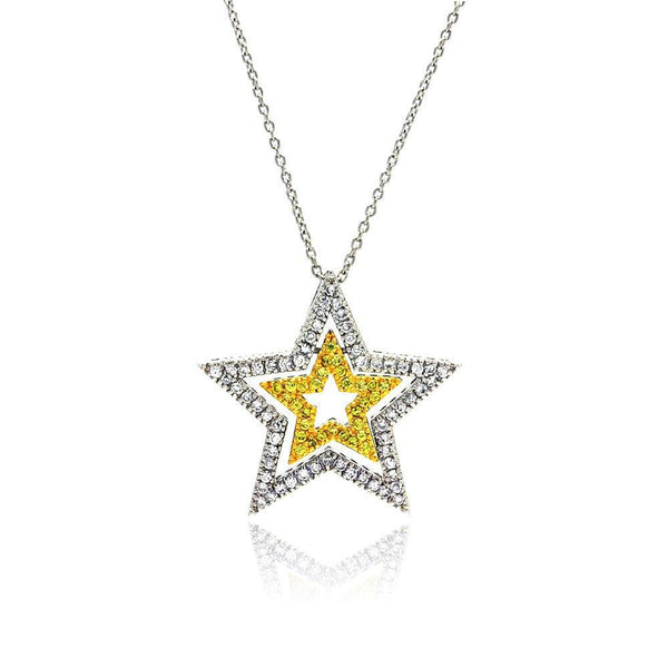Closeout-Silver 925 Clear and Yellow CZ Rhodium Plated Triple Star Pendant Necklace - STP00128 | Silver Palace Inc.