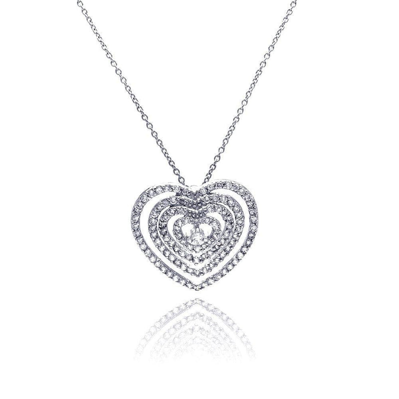 Closeout-Silver 925 Clear CZ Rhodium Plated Multi Layered Hearts Pendant Necklace - STP00133 | Silver Palace Inc.