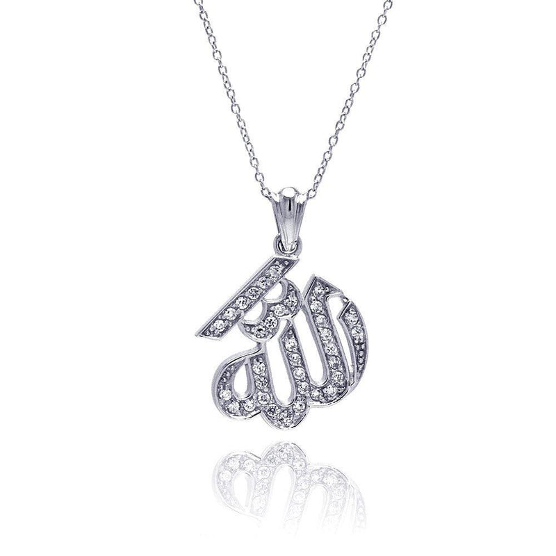 Silver 925 Clear CZ Rhodium Plated Allah Pendant Necklace - STP00136 | Silver Palace Inc.