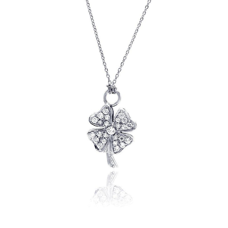 Silver 925 Clear CZ Rhodium Plated Clover Pendant Necklace - STP00143 | Silver Palace Inc.