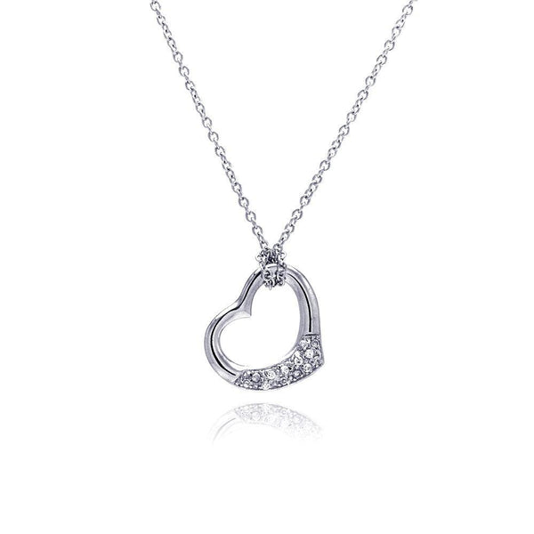 Silver 925 Clear CZ Rhodium Plated Heart Pendant Necklace - STP00161 | Silver Palace Inc.
