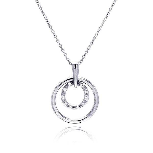 Silver 925 Clear CZ Rhodium Plated 2 Round Pendant Necklace - STP00163 | Silver Palace Inc.
