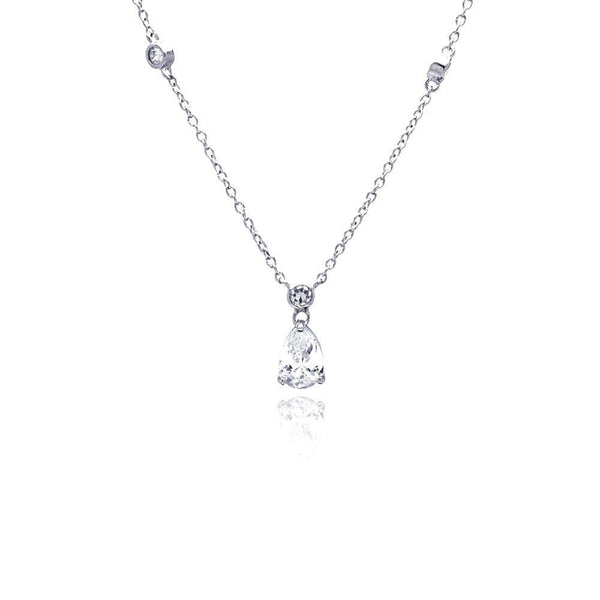 Silver 925 Clear CZ Rhodium Plated Teardrop Pendant Necklace - STP00205 | Silver Palace Inc.
