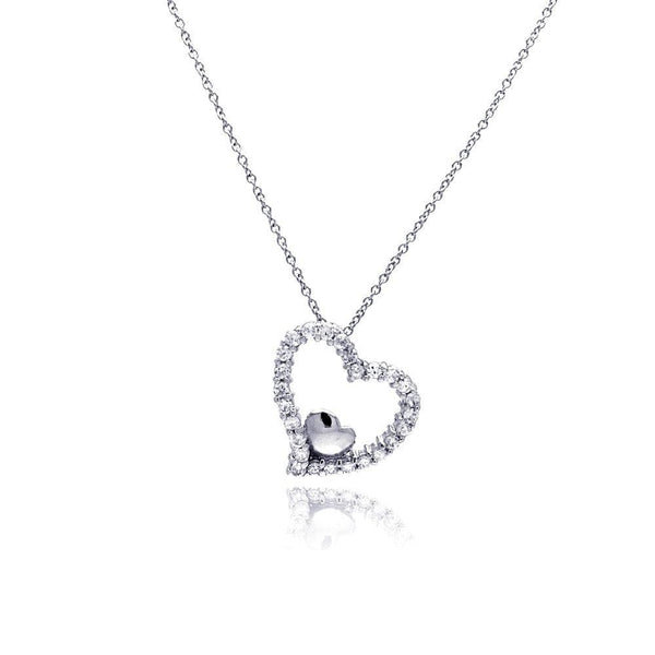 Silver 925 Clear CZ Rhodium Plated Heart Pendant Necklace - STP00213 | Silver Palace Inc.