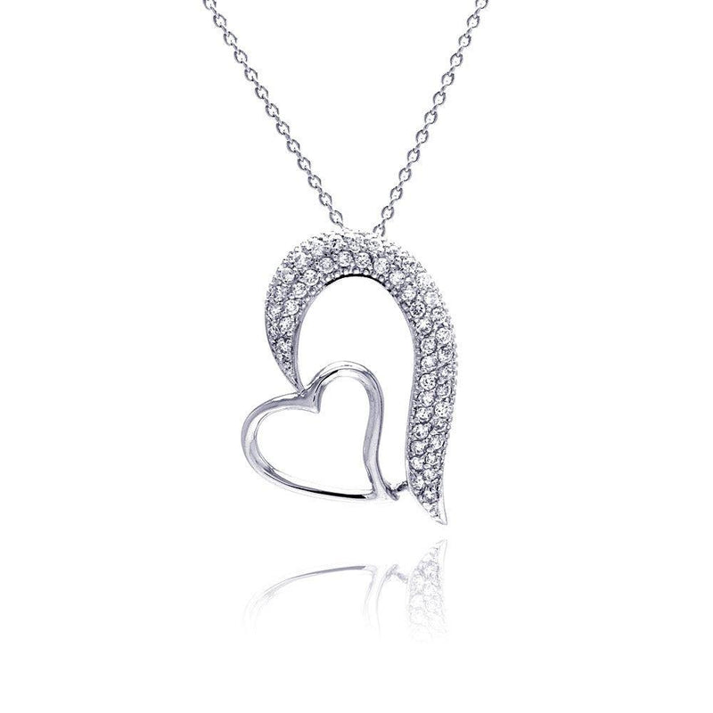 Silver 925 Clear CZ Rhodium Plated Fancy Hearts Pendant Necklace - STP00256 | Silver Palace Inc.
