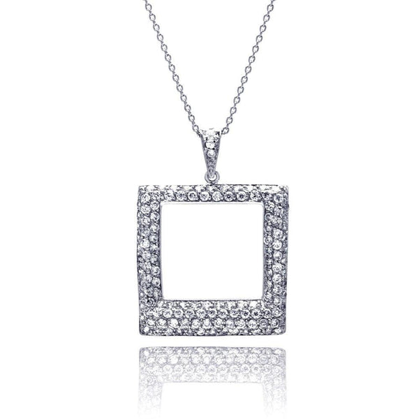 Closeout-Silver 925 Clear CZ Rhodium Plated Open Square Pendant Necklace - STP00257 | Silver Palace Inc.