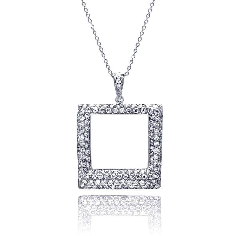 Closeout-Silver 925 Clear CZ Rhodium Plated Open Square Pendant Necklace - STP00257 | Silver Palace Inc.
