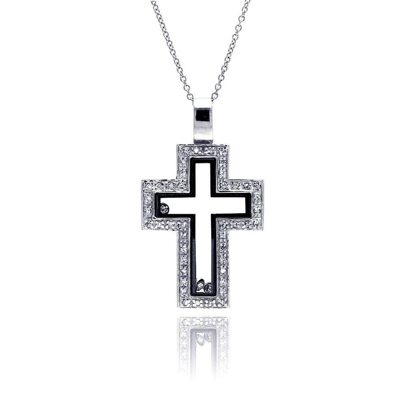 Closeout-Silver 925 Clear Black CZ Rhodium Plated Cutout Cross Pendant Necklace - STP00263 | Silver Palace Inc.