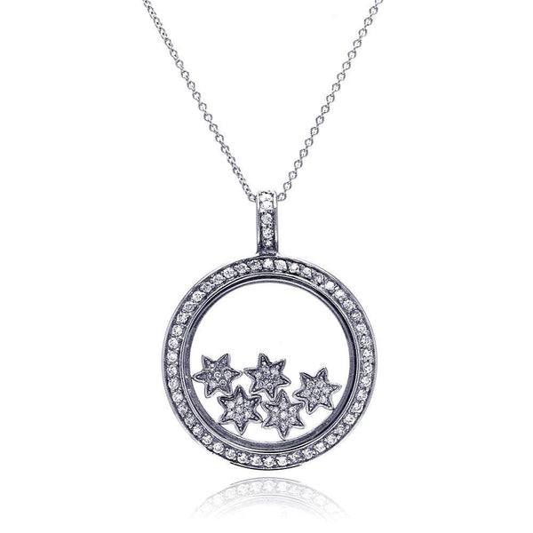 Silver 925 Clear CZ Rhodium Plated Inner Stars Pendant Necklace - STP00266 | Silver Palace Inc.
