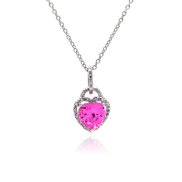 Silver 925 Clear Pink CZ Rhodium Plated Heart Pendant Necklace - STP00269 | Silver Palace Inc.