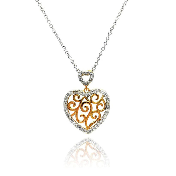 Closeout-Silver 925 Clear CZ Rhodium Plated Heart Cutout Accent Pendant Necklace - STP00380 | Silver Palace Inc.