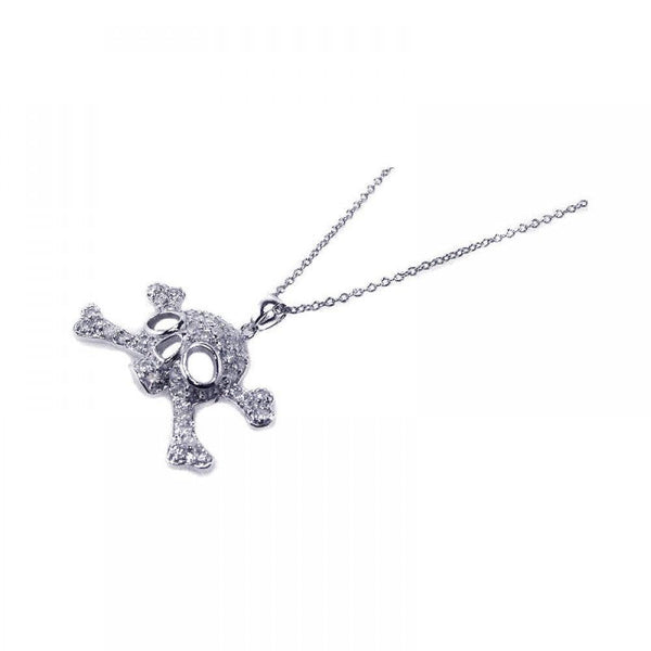 Silver 925 Clear CZ Rhodium Plated Skull Pendant Necklace - STP00395 | Silver Palace Inc.