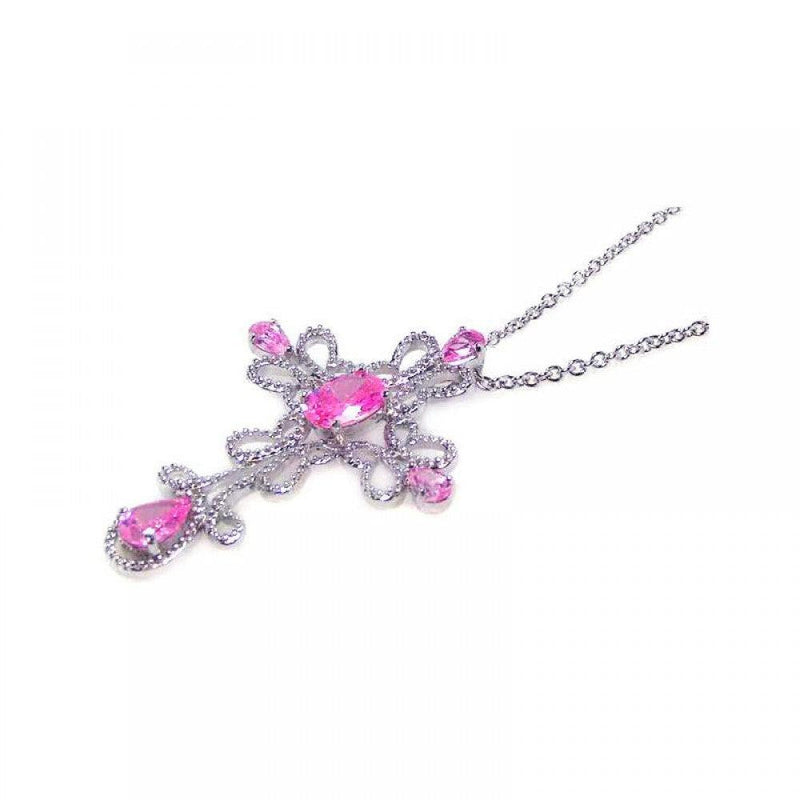 Closeout-Silver 925 Clear CZ Rhodium Plated Cross Pink Stone Inlay Pendant Necklace - STP00409 | Silver Palace Inc.