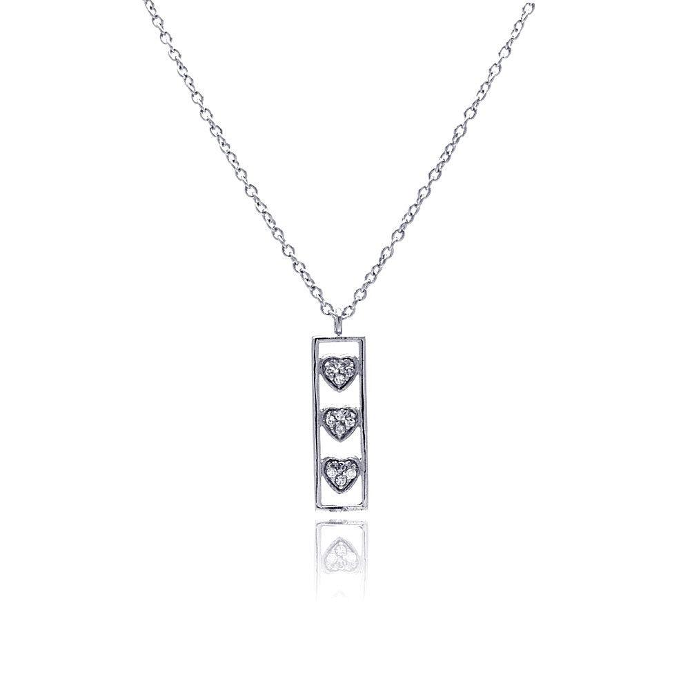 Silver 925 Clear CZ Rhodium Plated Bar Trio Hearts Pendant Necklace - STP00411 | Silver Palace Inc.