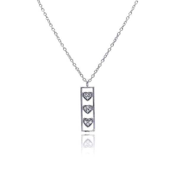 Silver 925 Clear CZ Rhodium Plated Bar Trio Hearts Pendant Necklace - STP00411 | Silver Palace Inc.