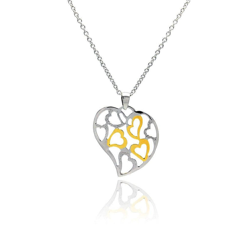 Closeout-Silver 925 Clear CZ Gold and Rhodium Plated Multi Hearts Pendant Necklace - STP00430 | Silver Palace Inc.