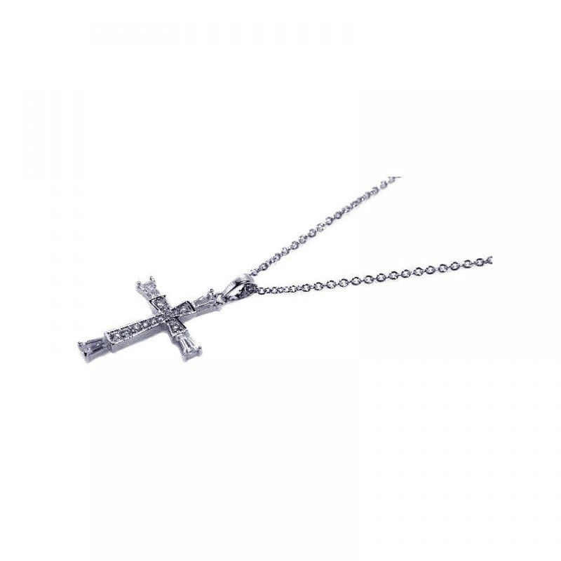 Silver 925 Rhodium Plated CZ Inlay Cross Pendant Necklace - STP00448 | Silver Palace Inc.